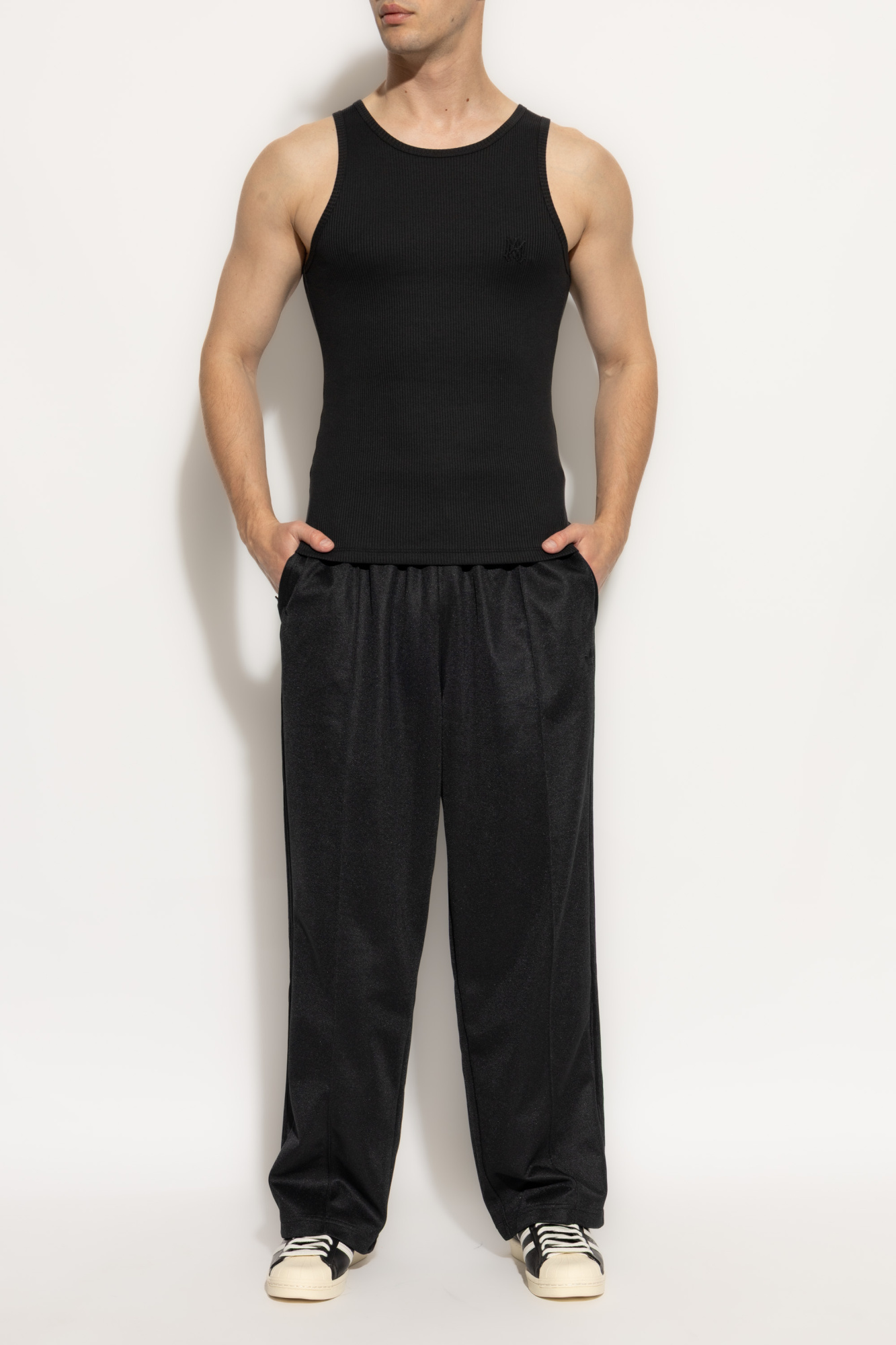【MORE THAN BLACK】24SS★ CUT OFF SWEAT PANTS Black Sweatpants with straight-leg cut ADIDAS Originals